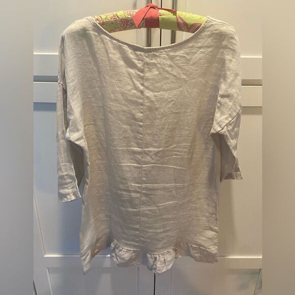 Lungo L’Arno Italy 100% Linen Ruffled Hem 3/4 Sleeve Tunic Top Beige Size Small - Picture 9 of 9